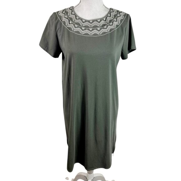 J Jill Women's S Embroidered Neckline Jersey Shift Dress Sage EUC - Picture 1 of 10